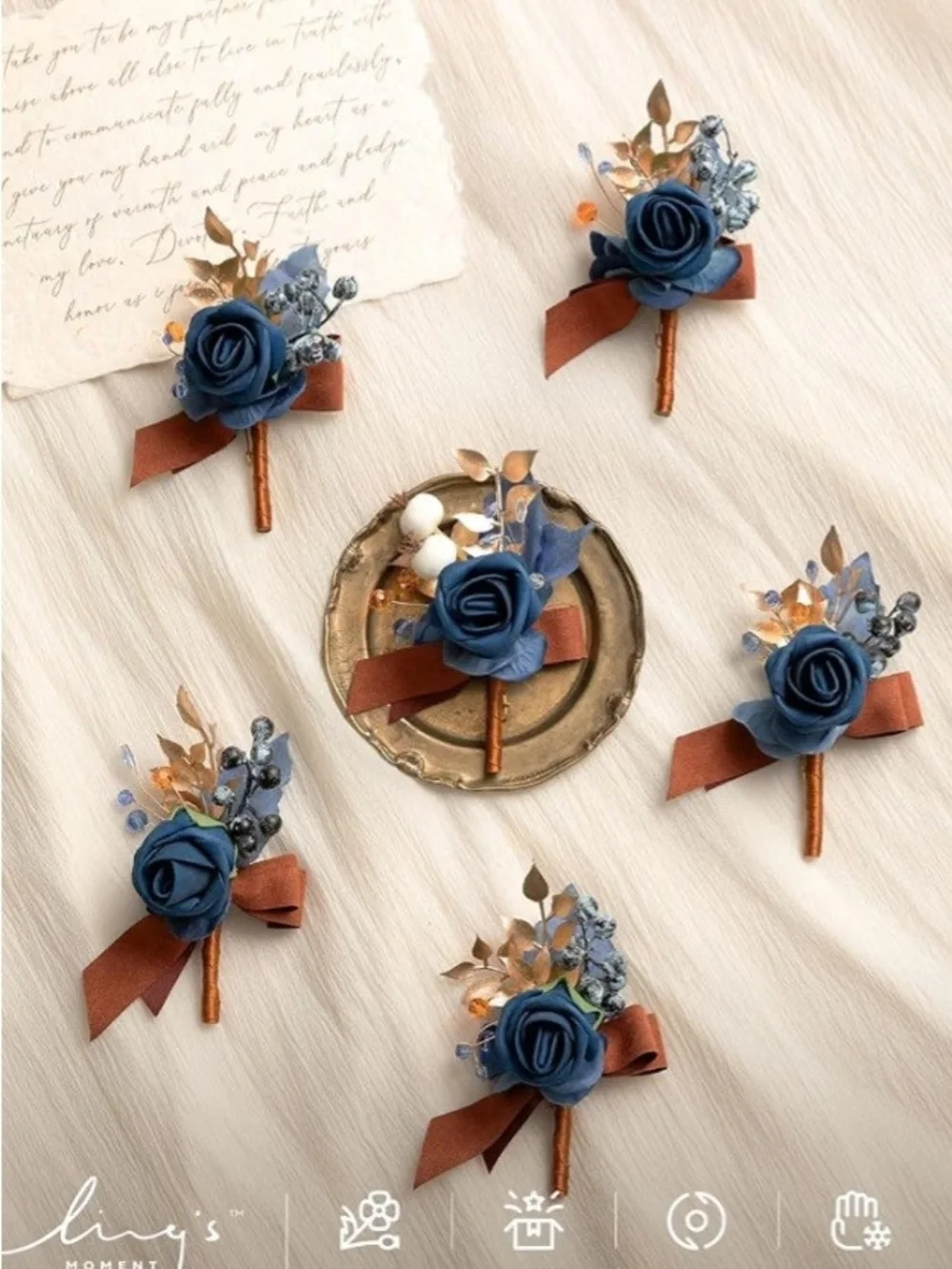 Bridesmaid Bouquet(6pc) And Boutoniere (6pc) Navy, Rust & Cream